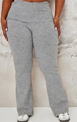 Plus Ash Grey Melange Soft Knit Foldover Waist Flared Pants