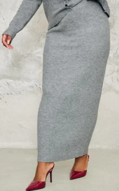 Plus Ash Grey Melange Soft Knit Maxi Skirt