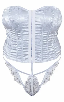 Plus Baby Blue Jacquard Satin Boned Corset