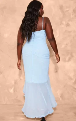 Plus Baby Blue Mesh Ruffle Cut Out Flared Maxi Dress