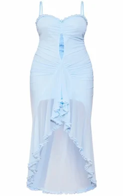 Plus Baby Blue Mesh Ruffle Cut Out Flared Maxi Dress