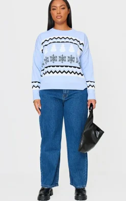 Plus Baby Blue Zig Zag Snowflake Oversized Christmas Sweater
