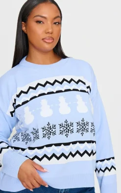 Plus Baby Blue Zig Zag Snowflake Oversized Christmas Sweater