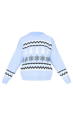 Plus Baby Blue Zig Zag Snowflake Oversized Christmas Sweater