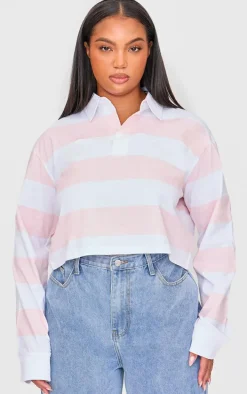 Plus Baby Pink Chunky Striped Collared Cropped Long Sleeve Top
