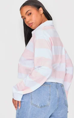 Plus Baby Pink Chunky Striped Collared Cropped Long Sleeve Top