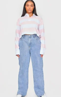Plus Baby Pink Chunky Striped Collared Cropped Long Sleeve Top