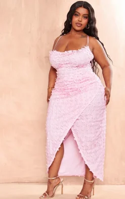 Plus Baby Pink Lace Cowl Neck Lace Up Back Midi Dress