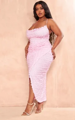 Plus Baby Pink Lace Cowl Neck Lace Up Back Midi Dress