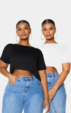 Plus Basic Black & White 2 Pack Roll Sleeve Crop T Shirt