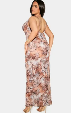 Plus Beige Abstract Print Crinkle Mesh Cowl Neck Maxi Dress