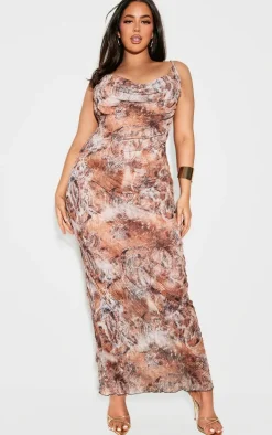 Plus Beige Abstract Print Crinkle Mesh Cowl Neck Maxi Dress