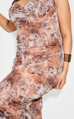 Plus Beige Abstract Print Crinkle Mesh Cowl Neck Maxi Dress