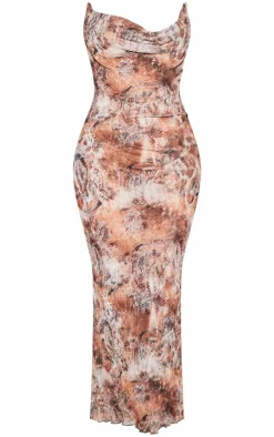 Plus Beige Abstract Print Crinkle Mesh Cowl Neck Maxi Dress