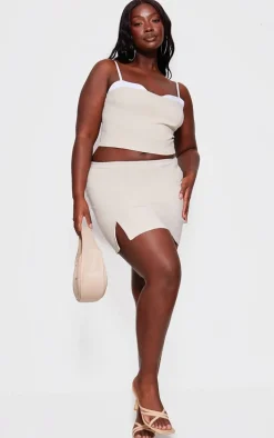 Plus Beige Bengaline Lace Trim Mini Skirt