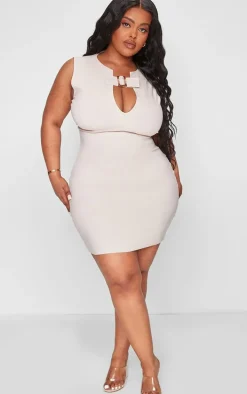 Plus Beige Buckle Front Stretch Woven Bodycon Dress