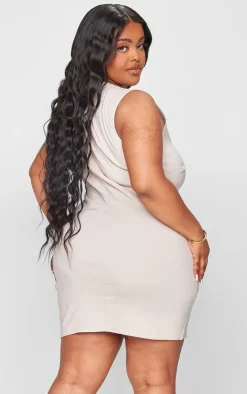 Plus Beige Buckle Front Stretch Woven Bodycon Dress