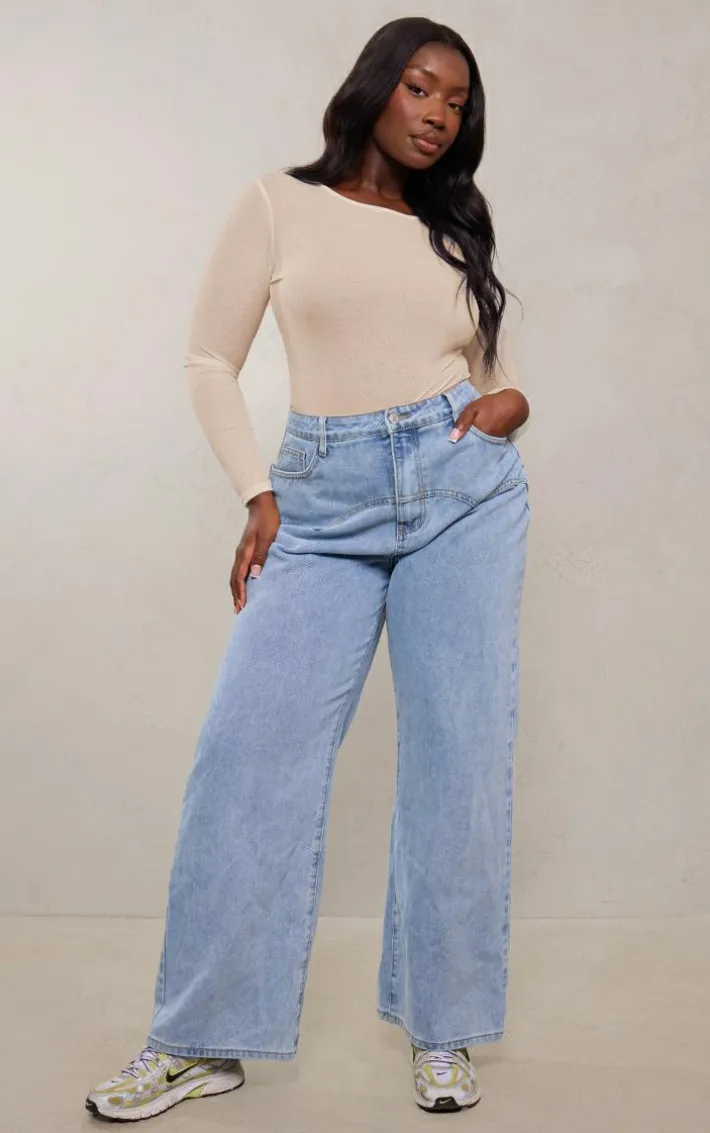 Plus Beige Burn Out Mesh Long Sleeve Crew Neck Bodysuit