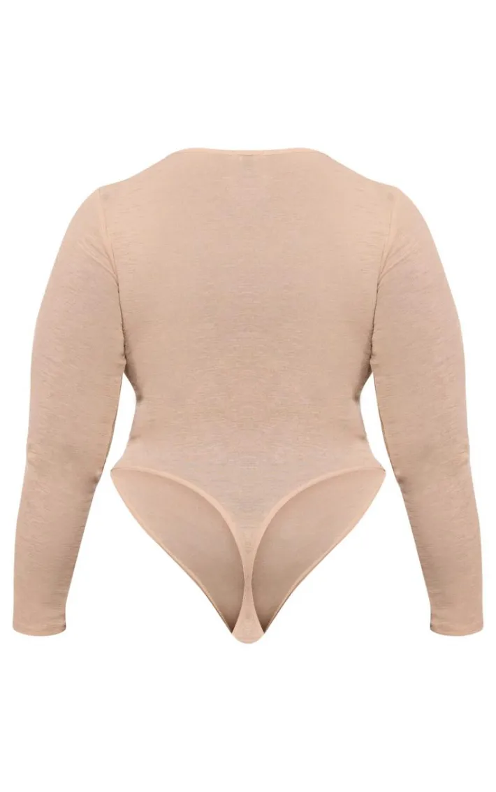Plus Beige Burn Out Mesh Long Sleeve Crew Neck Bodysuit