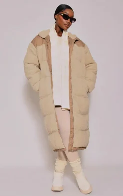 Plus Beige Contrast Borg Maxi Puffer Coat