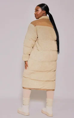 Plus Beige Contrast Borg Maxi Puffer Coat