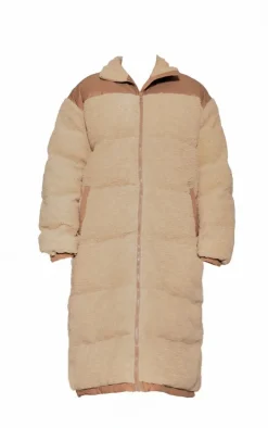 Plus Beige Contrast Borg Maxi Puffer Coat