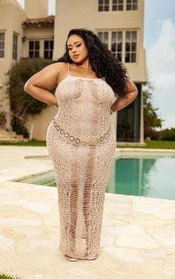 Plus Beige Crochet Strappy Maxi Dress