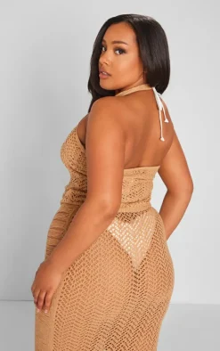 Plus Beige Distressed Knit Halter Neck Crop Top