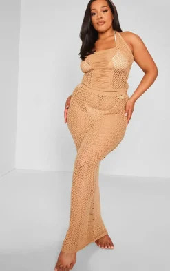 Plus Beige Distressed Knit Halter Neck Crop Top