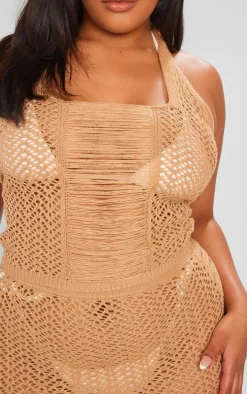 Plus Beige Distressed Knit Halter Neck Crop Top