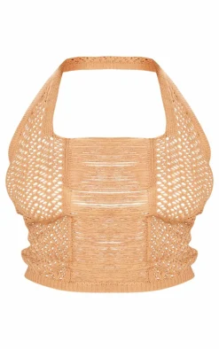 Plus Beige Distressed Knit Halter Neck Crop Top