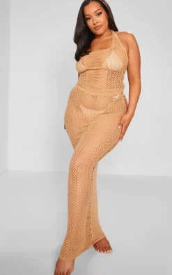 Plus Beige Distressed Knit Maxi Skirt