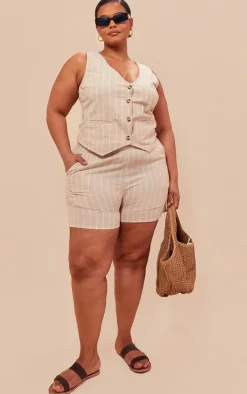 Plus Beige Linen Look Striped Tailored Floaty Shorts