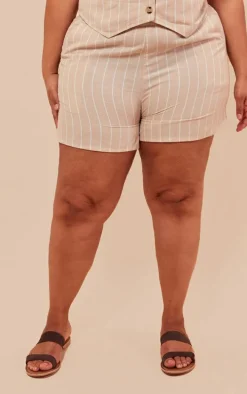 Plus Beige Linen Look Striped Tailored Floaty Shorts
