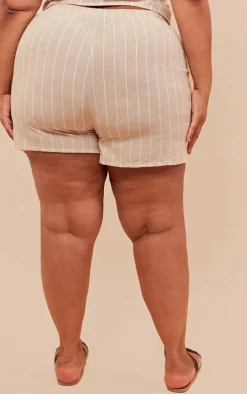 Plus Beige Linen Look Striped Tailored Floaty Shorts
