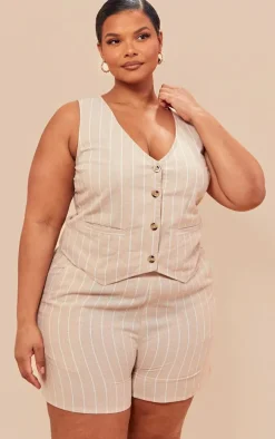 Plus Beige Linen Look Striped Tailored Floaty Shorts
