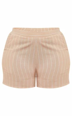 Plus Beige Linen Look Striped Tailored Floaty Shorts