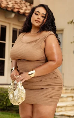 Plus Beige Open Knit One Shoulder Bodycon Dress