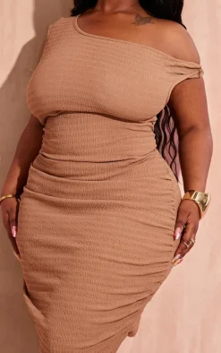 Plus Beige Open Knit One Shoulder Bodycon Dress