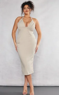 Plus Beige Pleated Bust Midi Dress