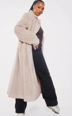 Plus Beige Premium Soft Faux Fur Tailored Maxi Coat