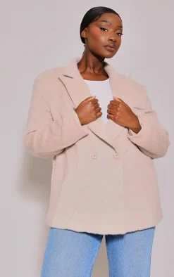 Plus Beige Textured Wool Look Oversized Blazer