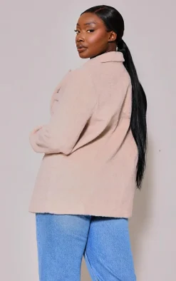 Plus Beige Textured Wool Look Oversized Blazer