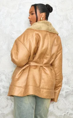 Plus Beige Washed Borg Trim Belted Jacket