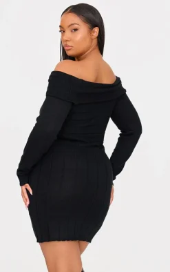 Plus Black Asymmetric Knit Fold Over Mini Dress