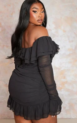 Plus Black Bardot Ruffle Detail Shift Dress