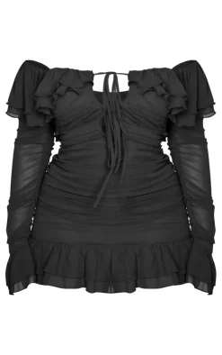 Plus Black Bardot Ruffle Detail Shift Dress