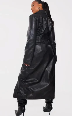 Plus Black Belted Oversized Faux Leather Trench Coat