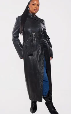 Plus Black Belted Oversized Faux Leather Trench Coat