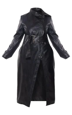 Plus Black Belted Oversized Faux Leather Trench Coat